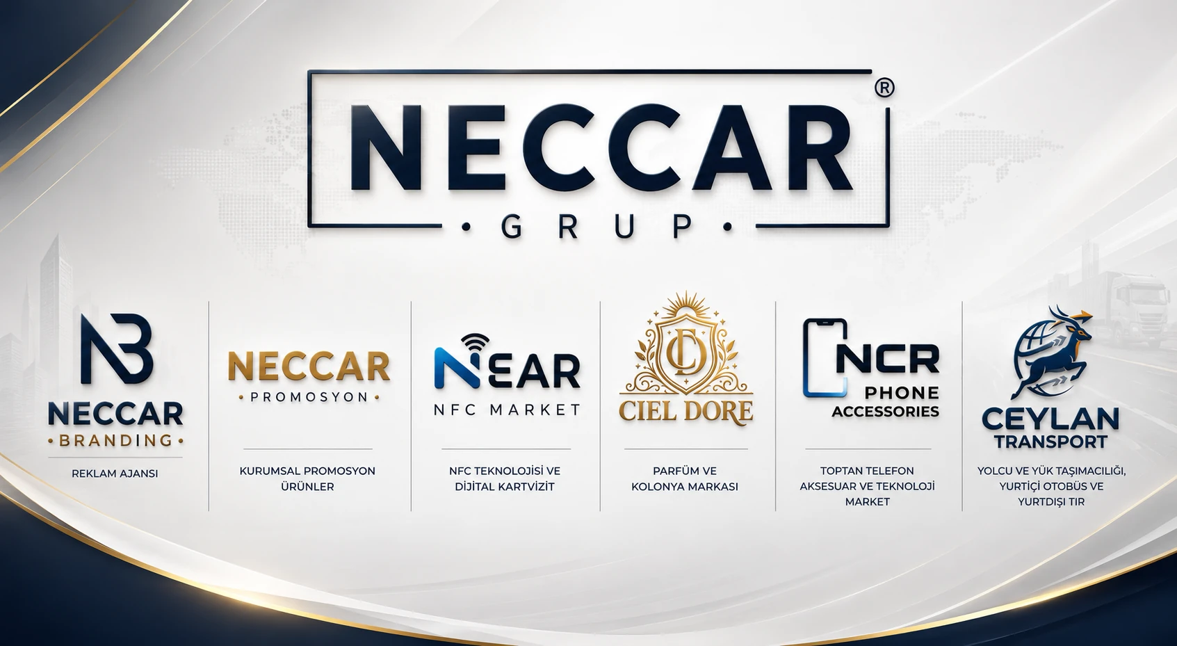 Neccar Grup ve altı şirketinin yapısı: Neccar Branding, Neccar Promosyon, Near NFC Market, Ciel Doré, NCR Phone Accessories ve Ceylan Transport